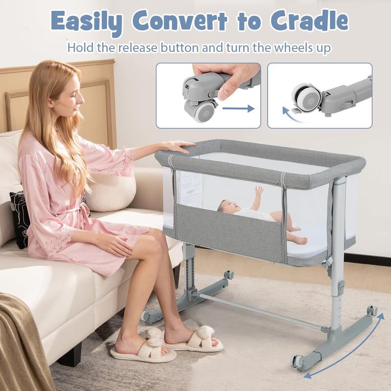INFANS 3 in 1 Baby Bassinet, Bedside Sleeper for Newborn, Folding Crib with Mattress, Travel Bag, Wheels, 4-Sided Mesh, Easy to Assemble Cradle Co Sleeper Stationary, Rock (Light Grey) - Image 2